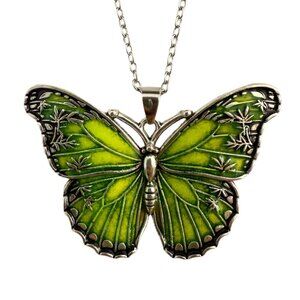 Necklace Light Green Butterfly Oil Drop Enamel Sparkle Antique Silvery Finish